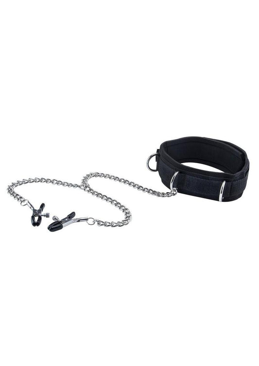 Ouch Velcro Collar W/nipple Clamps Blk