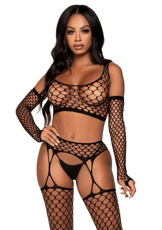 3 PC Fishnet Set Crop Garter Gloves